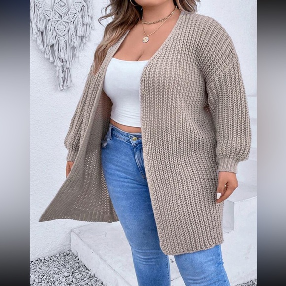 New Open Front Duster Cardigan Oversized Pointelle Drop Shoulder Khaki Knit Cozy - Picture 4 of 16